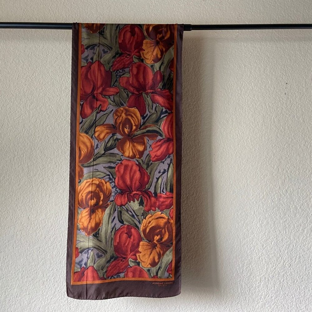 Adrienne Landau Studio Silk Scarf Floral Earth Tone Oblong 52'' x 11'' Fall